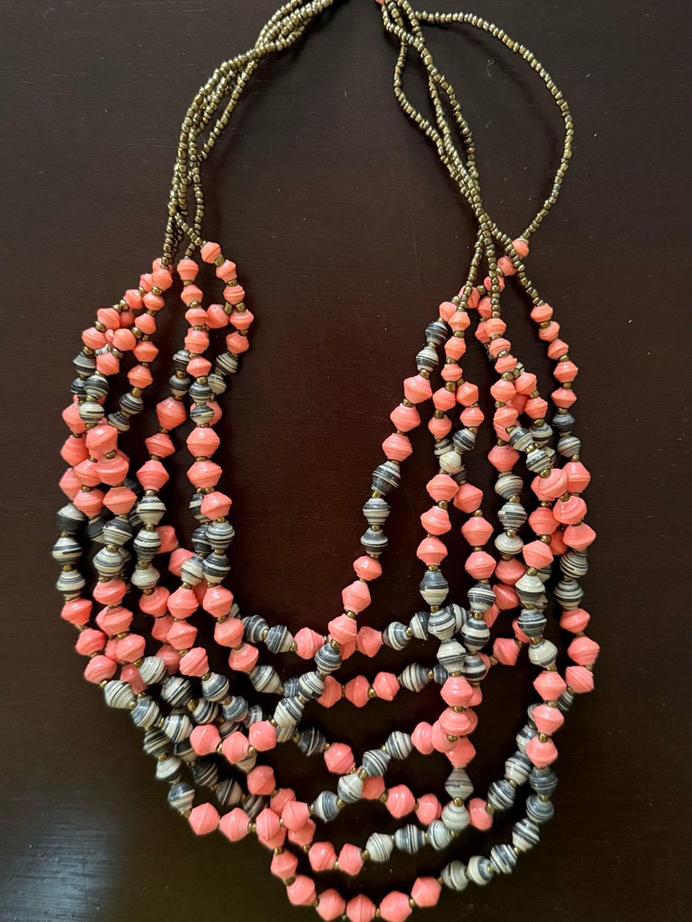 Layered Coral Pink and Gray Beaded Multi-Strand Necklace